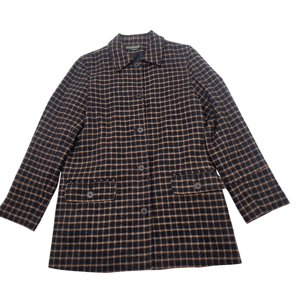 Harve Benard Wool Blend Coat Womens M Brown Black Plaid Button Front Jacket Chic
